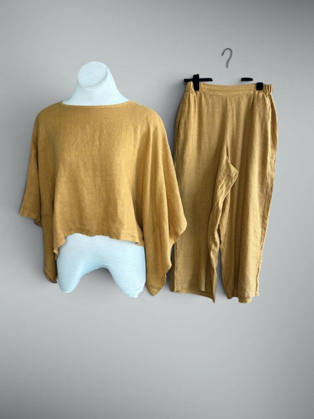 Made in Italy Vintage Gold Washed Linen Lagenlook Outfit Wide Leg Pants Crop